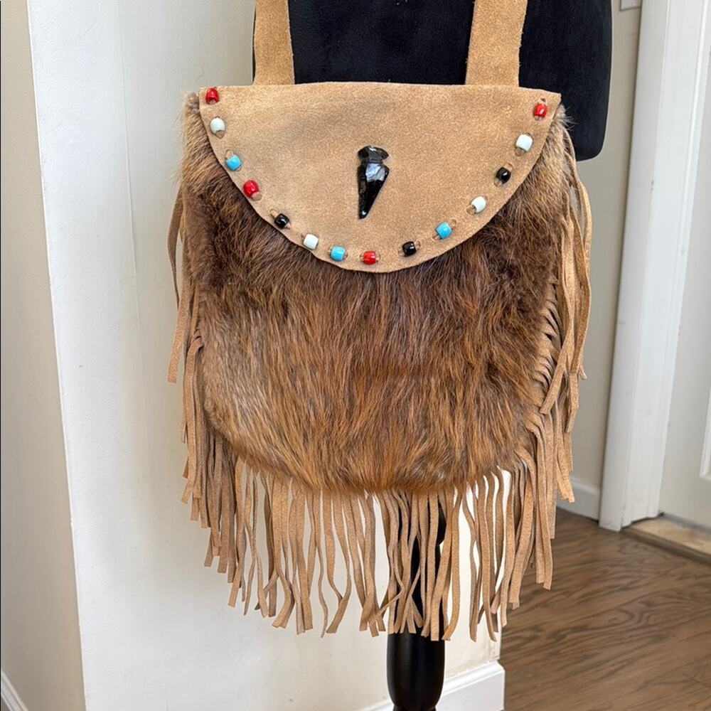 Native American Handmade Tan and Brown Crossbody Bag with Fur and Fringe